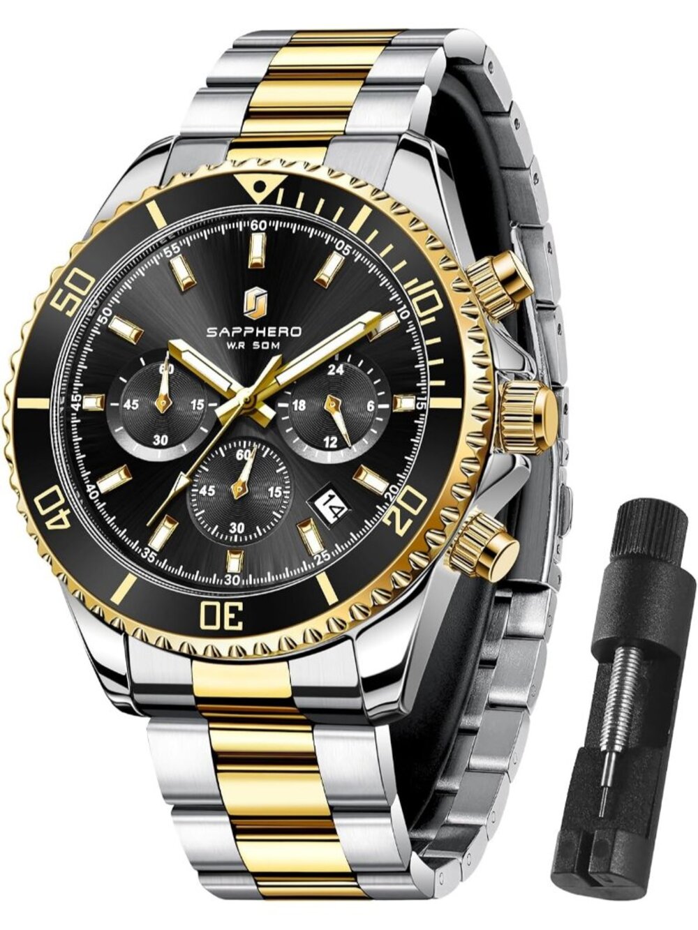 Men's Gold /Black face Chronograph Stainless Steel Waterproof Quartz Wrist Watch